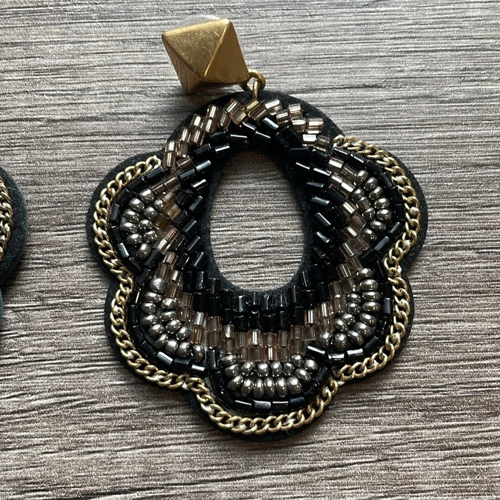 Stella & Dot Silver Gold Bead Black Dove Leather Lightweight Statement Earrings - Picture 2 of 6